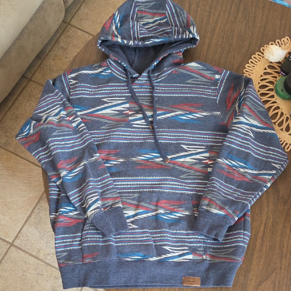 Ariat Heather Navy Hooded Pullover with Red & White Southwestern Accents